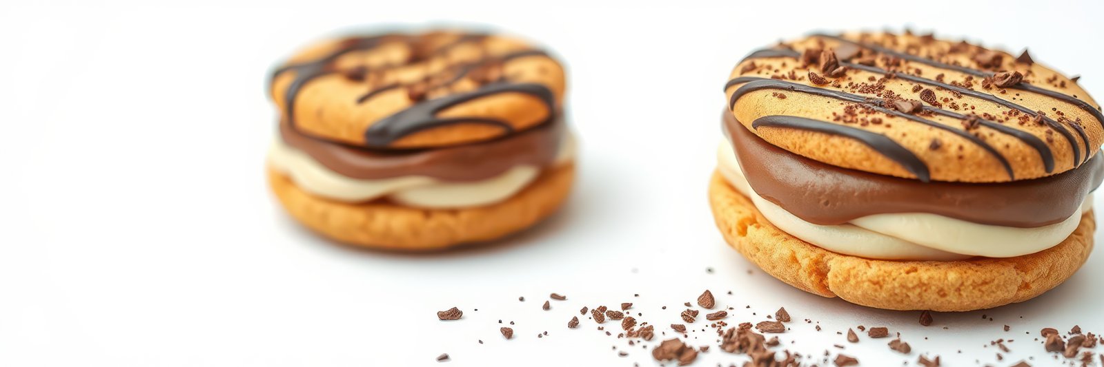 Delicious cookies with creamy filling and chocolate drizzle resting on a clean surface